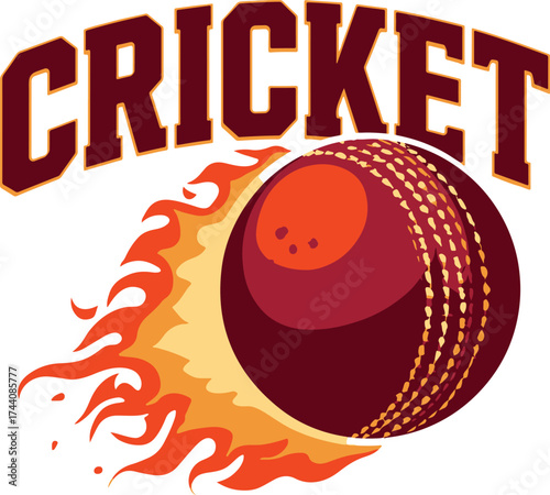 Cricket ball with flames and the word CRICKET in bold letters on a white background sport game