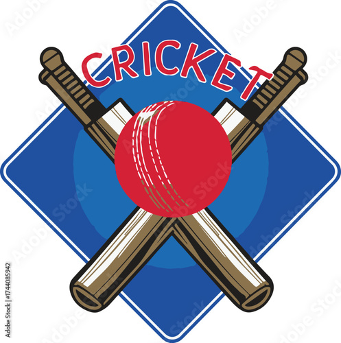 Cricket Emblem with Crossed Bats Red Ball and Bold Red Text on Blue Diamond Background Keywords: cricket, sport, game, bat, ball, red ball, crossed bats, emblem, logo, symbol, sports logo