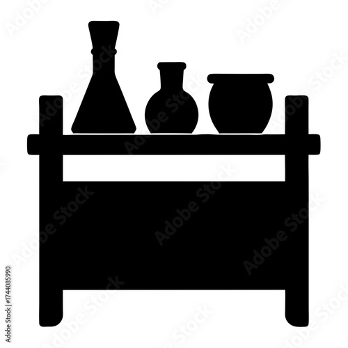 Vector art of shelves with bottles, showcasing a collection of containers, suggesting organization, storage, and a touch of vintage charm