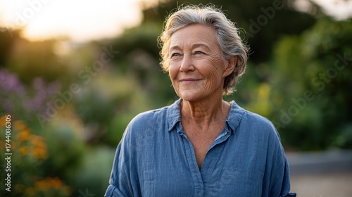 A joyful senior woman stands in a lush garden during sunset, exuding warmth and contentment. Perfect for themes of aging gracefully and nature.