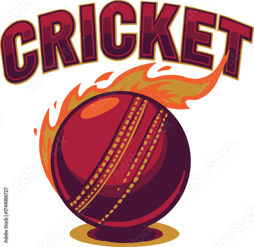 Red cricket ball with flames and a golden base on a white background sport game