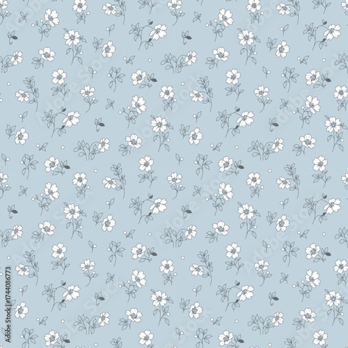 Flower pattern. Ditsy floral seamless pattern. Small little flower on light blue background. Repeat pattern. Ditsy print. surface design. Ditsy floral flower pattern for fashion, fabric
