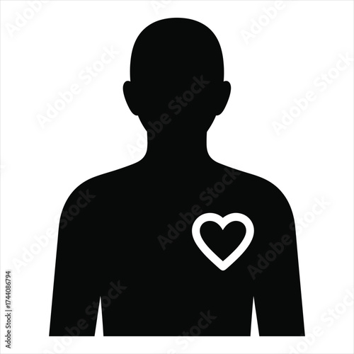 Human silhouette with heart symbol emblematic of health and care