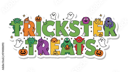 Trickster Treats: A festive visual of the joyful holiday, evoking the spirit of Halloween through colorful typography and playful illustrations of ghosts, pumpkins, and monsters. 