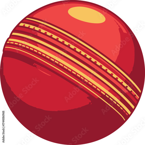 Red cricket ball with yellow stitched seam and highlight detail on a white background sport sphere