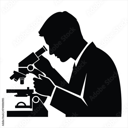 Silhouette of a scientist intently examining a specimen under a microscope in a laboratory setting