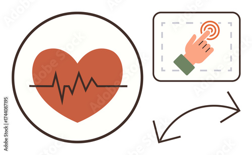 Heart with ECG line, hand pressing a touchscreen, with an arrow showing process flow. Ideal for health monitoring, medical technology, telemedicine, wearable devices, fitness tracking, user