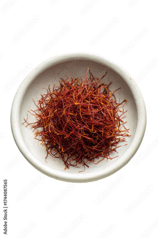 Naklejka premium Dried saffron threads in shallow white bowl