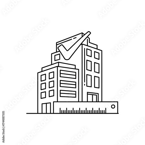 Building with checkmark and ruler representing construction compliance and precision in architectural planning, showcasing accuracy and approval.