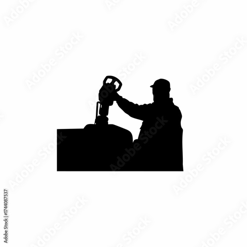 Fuel truck driver closing valve silhouette isolated on white background