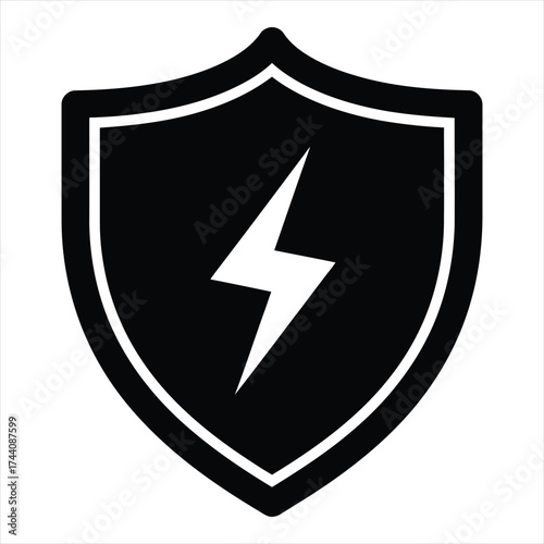Icon of a shield with a lightning bolt symbolizing power and protection in a bold graphic style