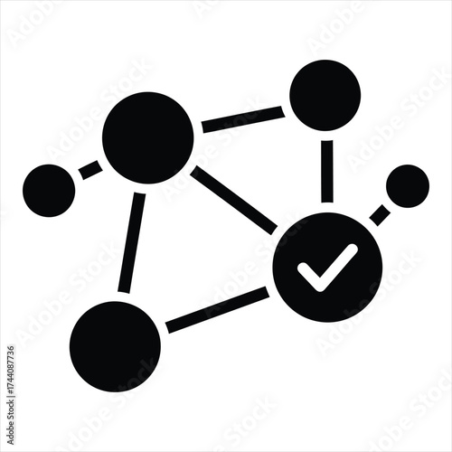 Connected network graph with verified checkmark symbol representing success and integration