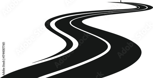 Curving black asphalt road with white lines on a white background