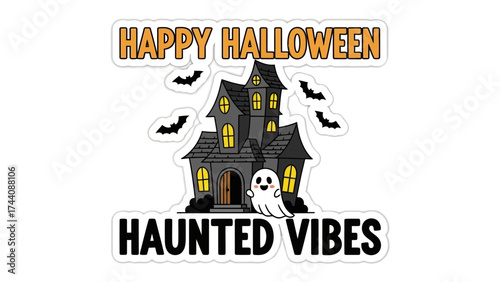 Spooky Halloween Vibes: A whimsical illustration for the holiday season, featuring a haunted house, cheerful ghost.