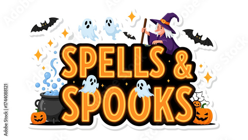 Spells & Spooks: Halloween-themed graphic featuring witches, ghosts, and pumpkins. This whimsical artwork captures the enchantment of Halloween season.