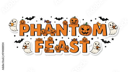 Phantom Feast: Spooky Halloween-themed feast and decorations. A vibrant illustration of a ghostly gathering for a Halloween feast, celebrating the eerie and fun spirit of the season. 