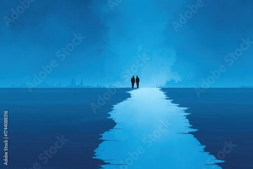 Two figures walk together on a serene blue surface, creating a peaceful and contemplative atmosphere. Ideal for themes of companionship and tranquility.