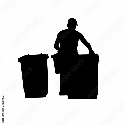 Silhouette of a garbage truck worker collecting bins before sunrise isolated on white background