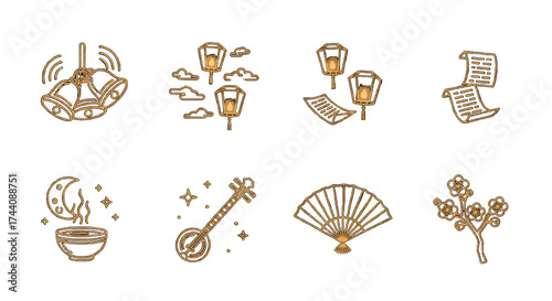 The image displays a collection of eight distinct, hand-drawn style icons or illustrations, likely representing elements of a specific culture, possibly East Asian or traditional,