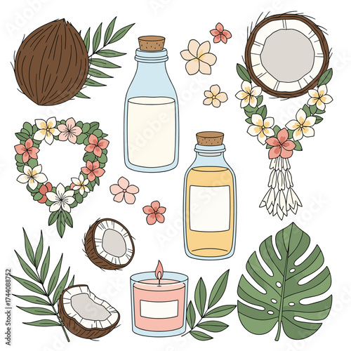Tropical spa ingredients and floral decorations for wellness.