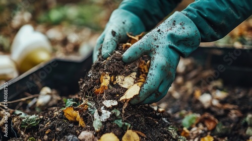 Hands in gloves handling composted organic waste- illustrating sustainable practices in waste management and environmental care.