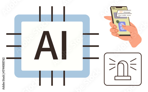 AI processor, smartphone displaying alert message with security code, and emergency signal icon. Ideal for cybersecurity, AI technology, data protection, threat detection, safety protocols, digital
