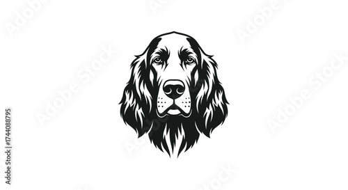Black and white setter dog head logo with long fur