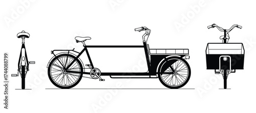 Bicycle, Cargo Bicycle, Different Angles, Line Art