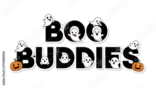 Boo Buddies: A festive Halloween design featuring playful ghosts and pumpkins, perfect for seasonal greetings and festive decor. 