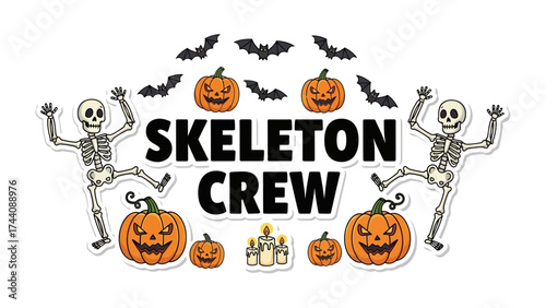 Halloween's Spooktacular Crew: A festive Halloween-themed design with spooky skeletons, carved pumpkins, and a flock of bats, evoking the spirit of the season.