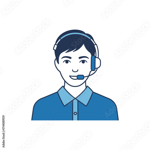 Smiling man wearing headset provides customer service support in office environment, offering assistance and solutions with friendly and professional demeanor.