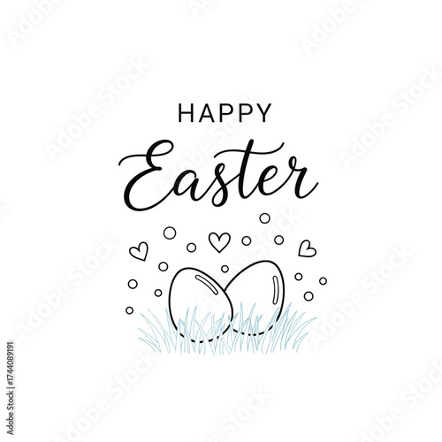 Happy easter with two eggs and hearts in grass.