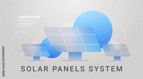 Solar panels system horizontal landing page. Glass morphism ecological technology service