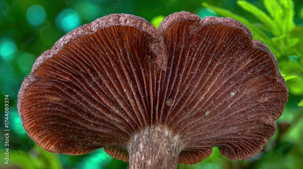 Fototapeta premium Detailed close up of a brown mushroom underside with textured gills