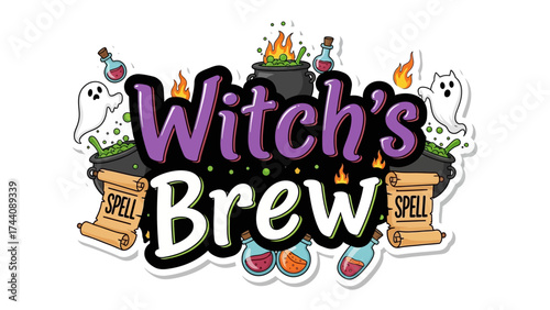 Witch's Brew: A mystical illustration featuring a bubbling cauldron and enchanting ingredients perfect for Halloween. 