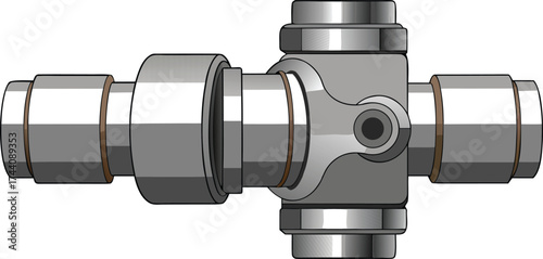 Close up view of a metallic industrial pipe fitting with multiple connections