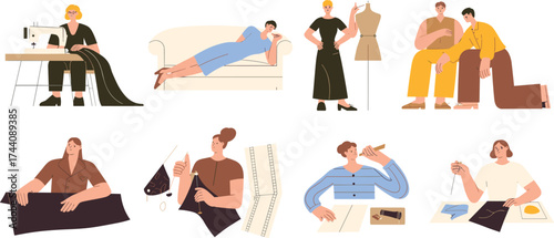 Fashion design illustration, sewing, tailoring, sketching, fabric cutting, dressmaking, garment creation, creative process, clothing production, textile art, designers, handmade apparel, workshop
