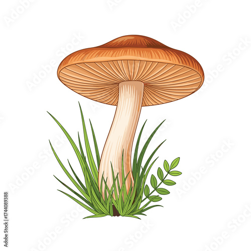 A detailed illustration of a solitary mushroom growing in lush green grass with small sprigs.