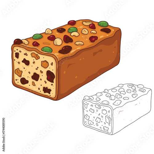 A delicious fruitcake baked with nuts and dried fruits is depicted here.