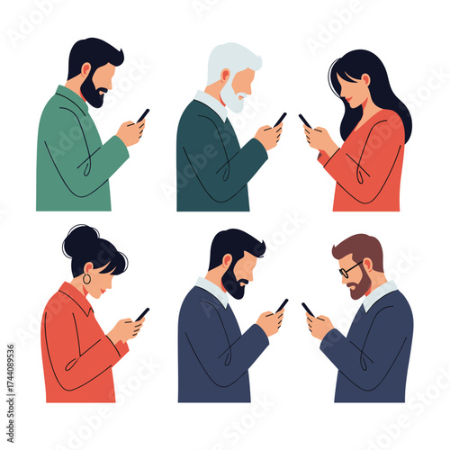 People of different ages and genders using smartphones and interacting digitally online.