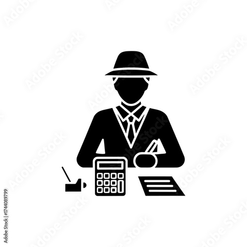 Man in suit calculates finances at desk with calculator and pen, creating a serious and professional atmosphere for business transactions.