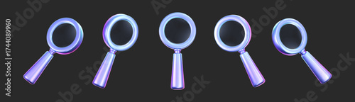 3D holographic magnifying glass icon set isolated on dark background. Render of transparent neon loupe with glossy gradient for finding, reading, research, analysis information. 3d realistic vector