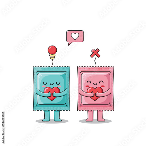 Adorable cartoon condoms showing love and affection with hearts