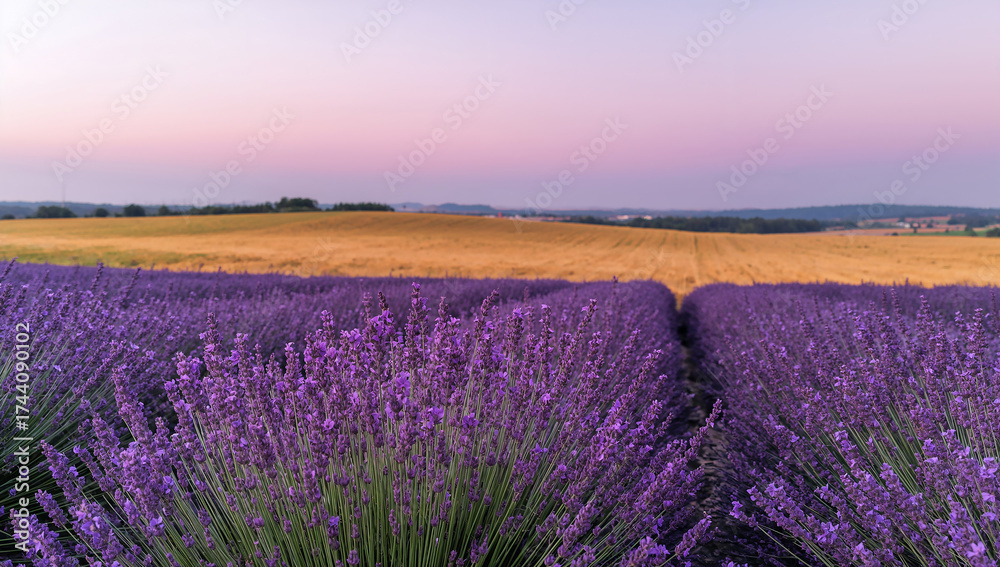 Naklejka premium Lavender Fields Under Soft Dawn Light in Varied Tones