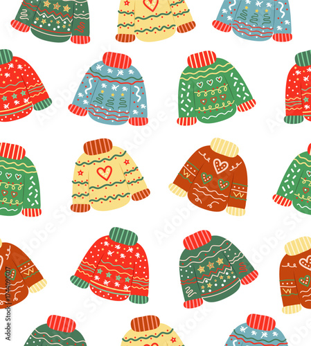 Pattern of different sweaters on a white background.
