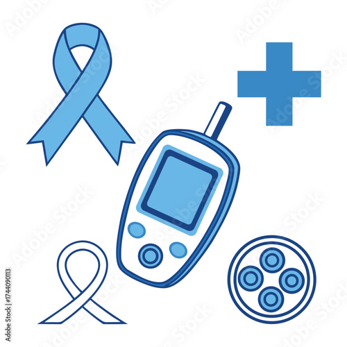 Diabetes awareness and management symbols including ribbon glucose meter medical cross and blood sample isolated on white background