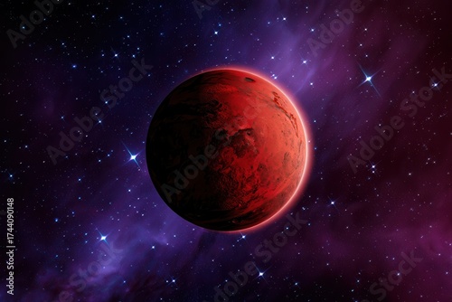 A vibrant red planet set against a backdrop of deep space filled with stars and colorful nebulae, evoking a sense of wonder and exploration.