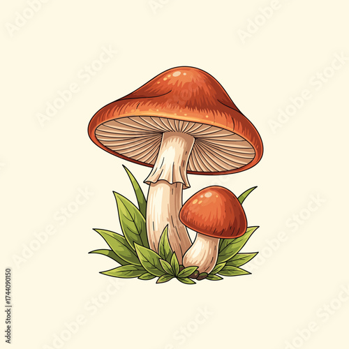 Two brown mushrooms growing in green grass with detailed gills and stems.