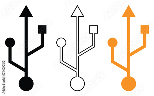 USB Cables, Type A, Type B, Type C, Mini, Micro Connectors Vector Illustration.