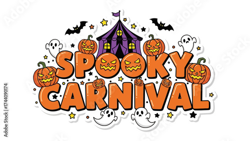 Spooky Carnival Illustration: A festive Halloween illustration with pumpkin, ghost, bat, and circus tent. Embracing the thrill and fun of the Halloween season.